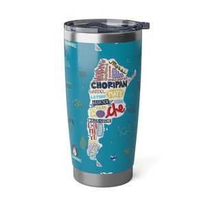 May include: A stainless steel tumbler with a blue background and a map of Chile. The map is filled with words and phrases in Spanish, including "Choripan", "Mate", "Che", and "Dulce-Leche".