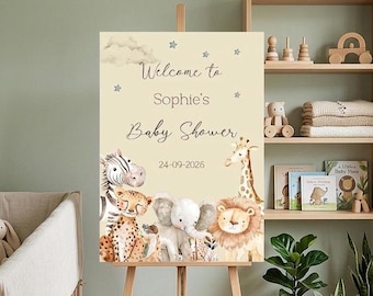 Personalised Safari Baby Shower Welcome Sign,Jungle Animals Poster, Gender Neutral  Decorations, Elephant Lion A3 Print