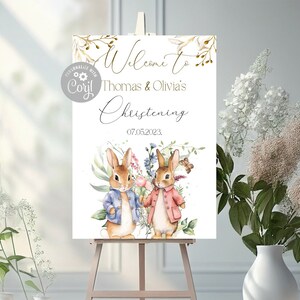 Twins rabbit christening DIGITAL welcome poster, EDITABLE personalised banner, party sign, baptism backdrop, name day design,