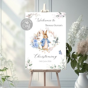 Custom made digital Blue rabbit christening welcome poster, personalised banner, bunny print party sign, baptism backdrop, name day design,