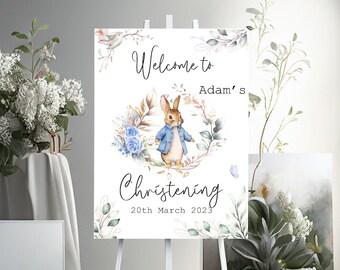 Blue rabbit christening welcome poster, personalised banner,  bunny print  guestbook sign, party sign, baptism backdrop, name day design,