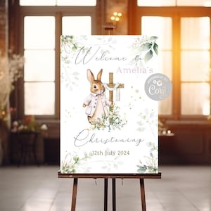 Taufe elegantes digitales Willkommensplakat, personalisiertes Banner, Flopsy-Bunny-Gästebuchschild Taufe Hintergrund, Namenstag Design,