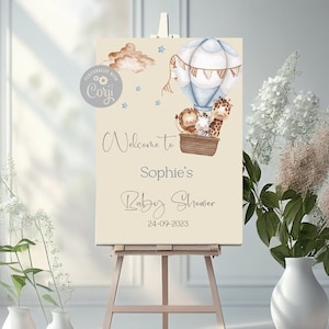Letrero de bienvenida personalizado para baby shower digital, póster de diseño de globo aerostático, telón de fondo de fiesta de bienvenida de safari, letrero de fiesta de revelación de género,