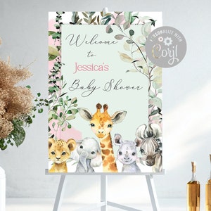 Enseigne numérique personnalisée pour baby shower Safari, affiche de la jungle, carte d'invitation, toile de fond pour fête de bienvenue safari, enseigne révélant le genre,