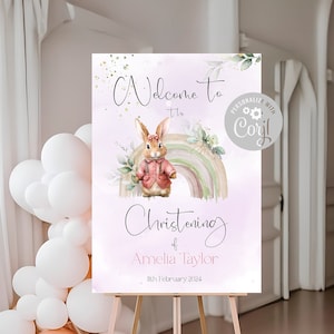 Digital Pink Rabbit christening welcome poster, personalised banner, bunny theme  guestbook sign, baptism backdrop, name day design,
