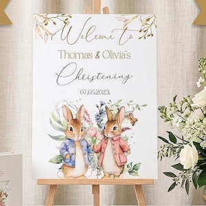 Cartello di benvenuto personalizzato per il battesimo di due coniglietti gemelli / Poster/striscione formato A3 per la festa di battesimo di Flopsy Bunny