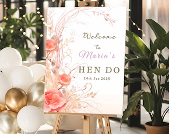 Personalised Pink Floral Hen Do Welcome Sign: Bespoke Wedding Party Banner