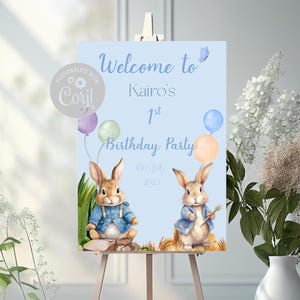 Personalised digital welcome poster, blue rabbit Party poster, kids welcome party backdrop, personalised birthday party sign,