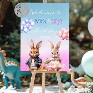 Customised Twins rabbit welcome poster, kids  Party poster, kids welcome party backdrop, personalised birthday party sign digital