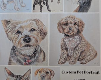 May include: A collection of colored pencil drawings featuring various dogs and a cat. The text reads: Custom Pet Portrait, A5 £100, A4 £125, A3 £150, +£50 per extra pet same pic, Email to book numigifts23@gmail.com. The portraits show detailed fur textures.