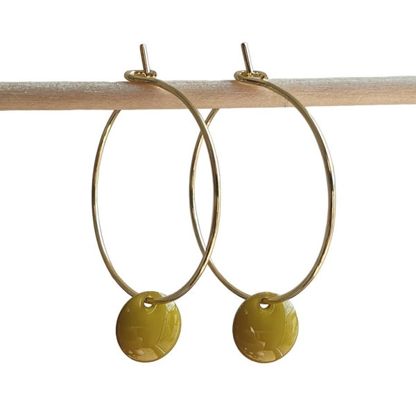 DENT | Boucles d'oreilles créoles Something.Happiness (18K) avec émaux en jaune / jaune moutarde, bijoux en or véritable, boucles d'oreilles sans nickel, hypoallergéniques, minimalistes