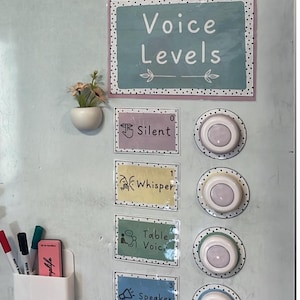 May include: A classroom voice level chart with the words "Voice Levels" in a teal frame. Below are cards labeled "Silent", "Whisper", "Table Voice", and "Speaker".  A small white pot with flowers and a container with markers are also visible.