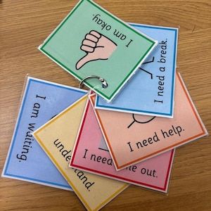 Puede incluir: Un conjunto de tarjetas coloridas en un anillo metálico, cada una con un mensaje diferente. Las tarjetas tienen textos como "Estoy bien", "Necesito un descanso" y "Necesito ayuda". Las tarjetas son de varios colores, incluyendo verde, azul, amarillo, rosa y naranja.