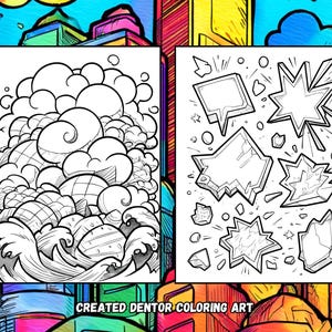 May include: Black and white coloring book pages with comic book style art. One page features stylized clouds and waves. The other page has speech bubbles and explosion shapes. The text "CREATED DENTOR COLORING ART" is at the bottom.