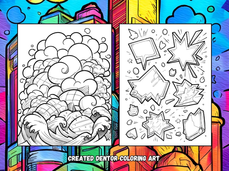 May include: Black and white coloring book pages with comic book style art. One page features stylized clouds and waves. The other page has speech bubbles and explosion shapes. The text "CREATED DENTOR COLORING ART" is at the bottom.