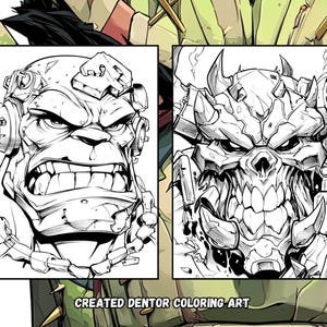 Peut inclure: Deux illustrations en noir et blanc de personnages f&eacute;roces et muscl&eacute;s avec des d&eacute;tails complexes. L'un porte un casque et une cha&icirc;ne, l'autre un visage de type cr&acirc;ne. Le texte "CREATED DENTOR COLORING ART" est en bas.
