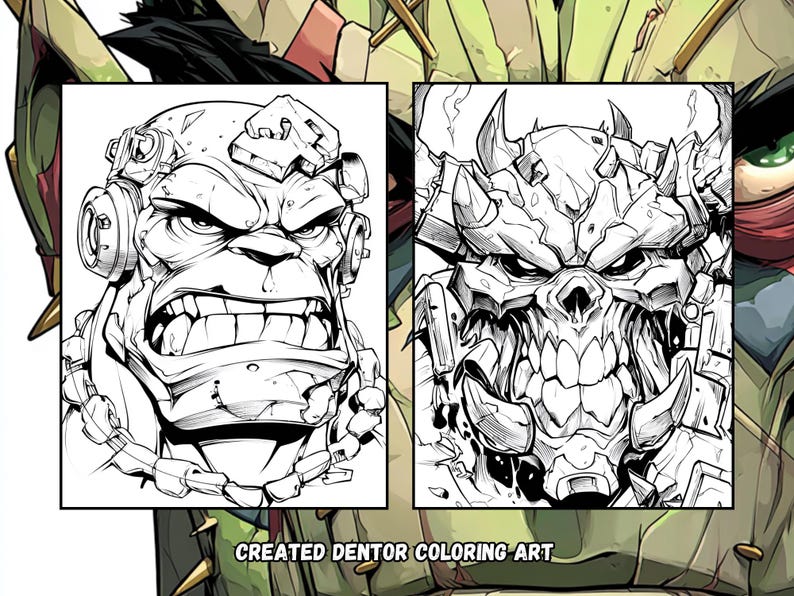 Peut inclure: Deux illustrations en noir et blanc de personnages f&eacute;roces et muscl&eacute;s avec des d&eacute;tails complexes. L'un porte un casque et une cha&icirc;ne, l'autre un visage de type cr&acirc;ne. Le texte "CREATED DENTOR COLORING ART" est en bas.