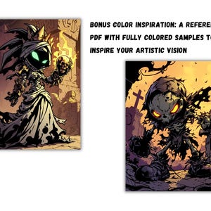 May include: Two illustrations of cartoon characters in a dark fantasy style. The first character is a female skeleton wearing a crown and a white robe, holding a skull in her hand. The second character is a male skeleton wearing a black hooded robe, holding a sword in his hand.