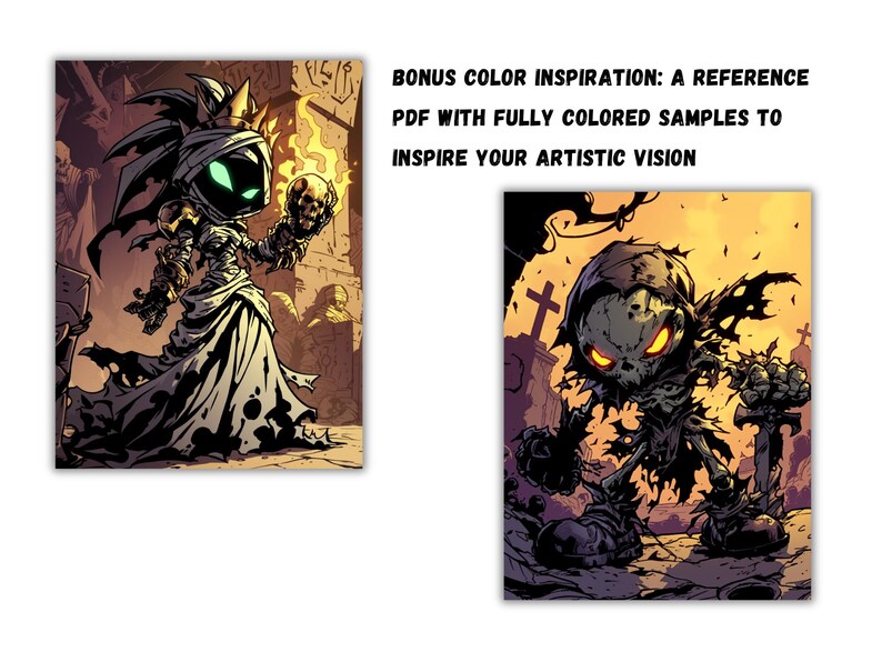 May include: Two illustrations of cartoon characters in a dark fantasy style. The first character is a female skeleton wearing a crown and a white robe, holding a skull in her hand. The second character is a male skeleton wearing a black hooded robe, holding a sword in his hand.