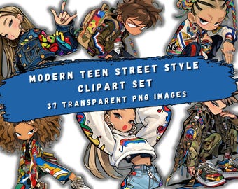 May include: A digital clipart set featuring illustrations of modern teen street style. The images showcase diverse characters in fashionable outfits, including denim jackets, hoodies, and sneakers. The text on the image reads "MODERN TEEN STREET STYLE CLIPART SET 37 TRANSPARENT PNG IMAGES."