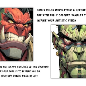 Peut inclure: Deux illustrations de personnages fantastiques. L'une est un orc &agrave; la peau rouge avec de grandes d&eacute;fenses et des yeux jaunes. L'autre est un monstre &agrave; la peau verte avec des points de suture et des clous en m&eacute;tal. Texte: BONUS COLOR INSPIRATION et THEY ARE NOT EXACT REPLICAS.