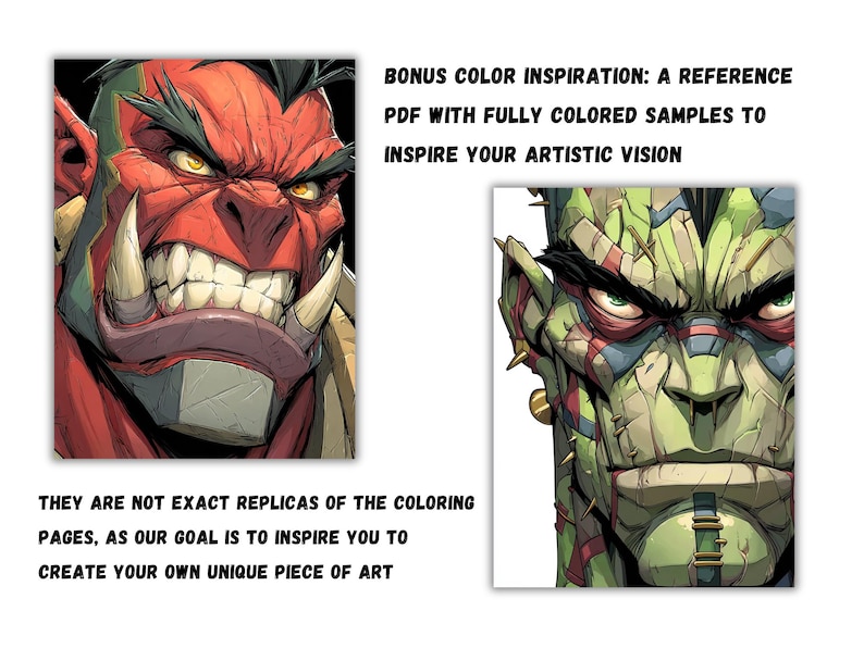 Peut inclure: Deux illustrations de personnages fantastiques. L'une est un orc &agrave; la peau rouge avec de grandes d&eacute;fenses et des yeux jaunes. L'autre est un monstre &agrave; la peau verte avec des points de suture et des clous en m&eacute;tal. Texte: BONUS COLOR INSPIRATION et THEY ARE NOT EXACT REPLICAS.