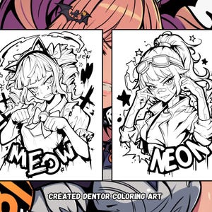 May include: Two black and white line art illustrations of anime-style characters. The character on the left is wearing a cat ear headband and has the word "MEOW" written below her. The character on the right is wearing goggles and has the word "NEON" written below her.