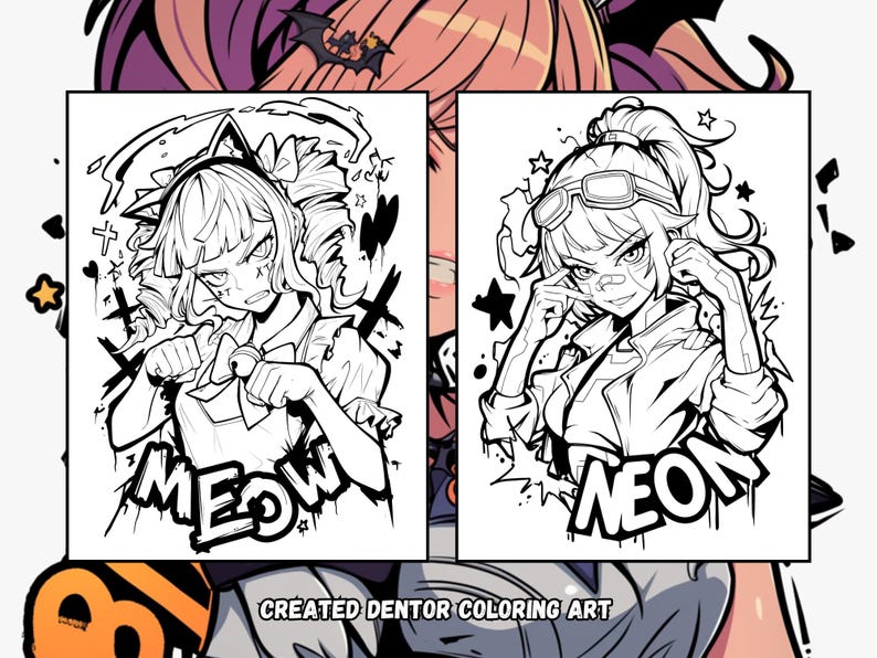May include: Two black and white line art illustrations of anime-style characters. The character on the left is wearing a cat ear headband and has the word "MEOW" written below her. The character on the right is wearing goggles and has the word "NEON" written below her.