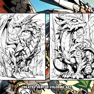 Puede incluir: Dos dibujos en blanco y negro de dragones. El drag&oacute;n de la izquierda est&aacute; de pie con las alas extendidas. El drag&oacute;n de la derecha est&aacute; enroscado con la cola envuelta alrededor de su cuerpo. Ambos dragones tienen escamas y cuernos detallados.