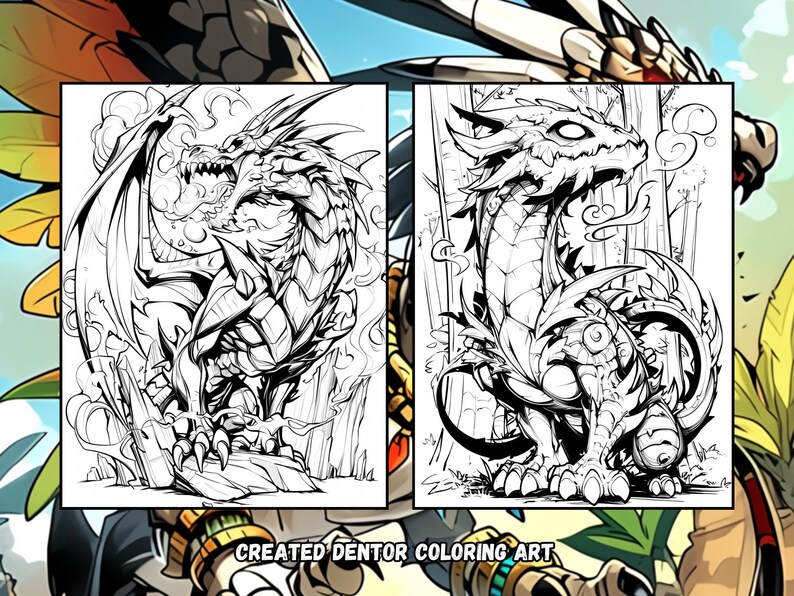 Puede incluir: Dos dibujos en blanco y negro de dragones. El drag&oacute;n de la izquierda est&aacute; de pie con las alas extendidas. El drag&oacute;n de la derecha est&aacute; enroscado con la cola envuelta alrededor de su cuerpo. Ambos dragones tienen escamas y cuernos detallados.