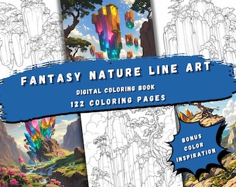 Fantasy Nature Line Art Coloring Book - 122 Pages of Magical Landscapes, Printable PDF