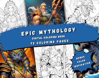 Epic Gods Coloring Book – 73 Mythological Illustrations, Comic Style (Printable PDF)
