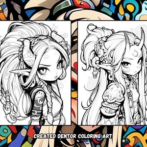 Puede incluir: Una ilustraci&oacute;n en blanco y negro de l&iacute;nea de un personaje femenino con cabello largo, cuernos y detalles intrincados. El personaje lleva un atuendo detallado con un cintur&oacute;n y una pieza decorativa en su brazo. La imagen est&aacute; etiquetada como "CREATED DENTOR COLORING ART".