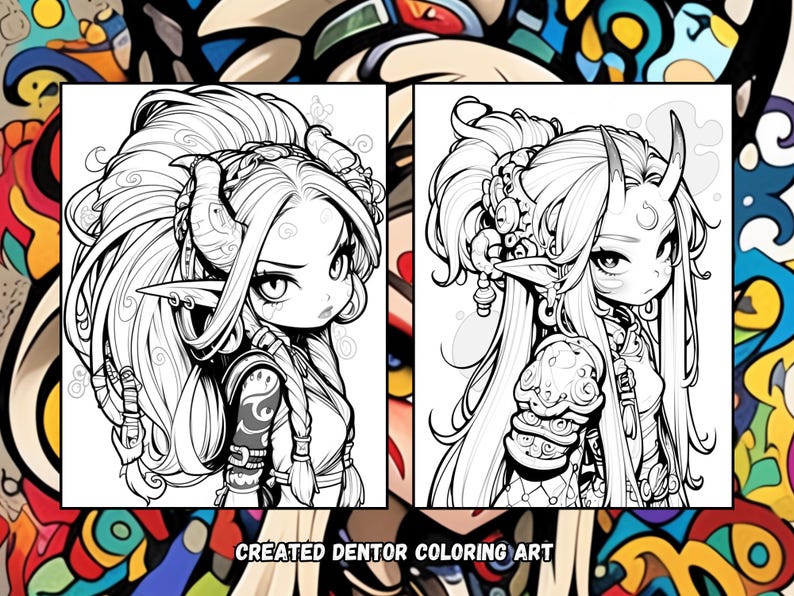Puede incluir: Una ilustraci&oacute;n en blanco y negro de l&iacute;nea de un personaje femenino con cabello largo, cuernos y detalles intrincados. El personaje lleva un atuendo detallado con un cintur&oacute;n y una pieza decorativa en su brazo. La imagen est&aacute; etiquetada como "CREATED DENTOR COLORING ART".