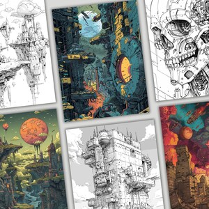 May include: A set of six digital illustrations featuring futuristic cityscapes. The illustrations are in black and white and color, and depict a variety of architectural styles. Some of the illustrations feature planets and stars in the background.