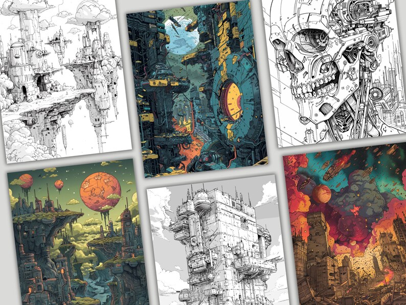 May include: A set of six digital illustrations featuring futuristic cityscapes. The illustrations are in black and white and color, and depict a variety of architectural styles. Some of the illustrations feature planets and stars in the background.