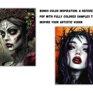May include: Two digital art illustrations of women with dark hair and dark eyes. The woman on the left is wearing a red and black dress and a crown of thorns. The woman on the right is wearing a crown of thorns and a black dress. Both women have a dark and gothic aesthetic.