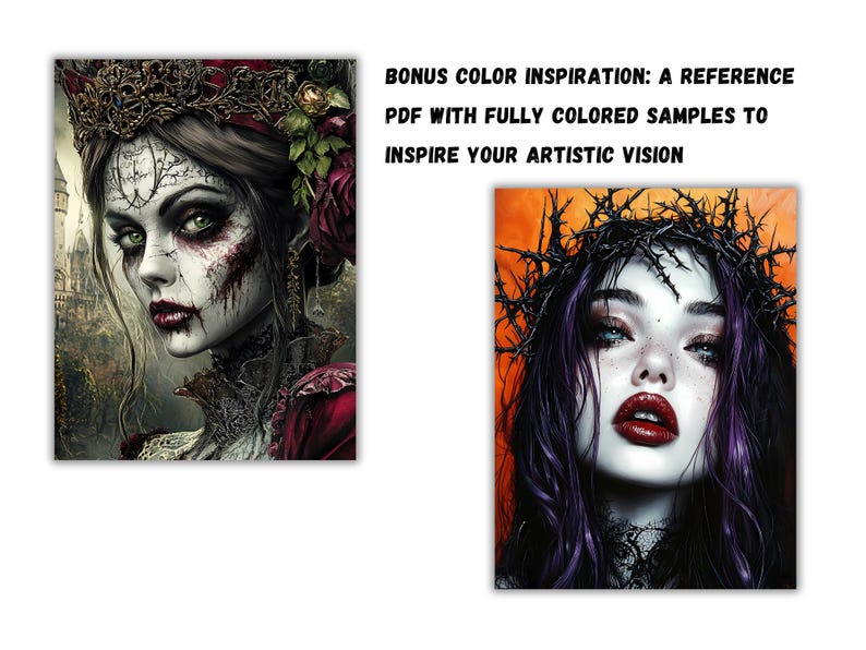 May include: Two digital art illustrations of women with dark hair and dark eyes. The woman on the left is wearing a red and black dress and a crown of thorns. The woman on the right is wearing a crown of thorns and a black dress. Both women have a dark and gothic aesthetic.