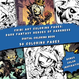 Puede incluir: Un libro de colorear digital con 50 ilustraciones en blanco y negro de personajes de fantasía oscura y lindos. La portada muestra una variedad de personajes, incluyendo un lobo, un esqueleto y una bruja. El título del libro es "Chibi Art Coloring Pages: Dark Fantasy Heroes of Darkness".