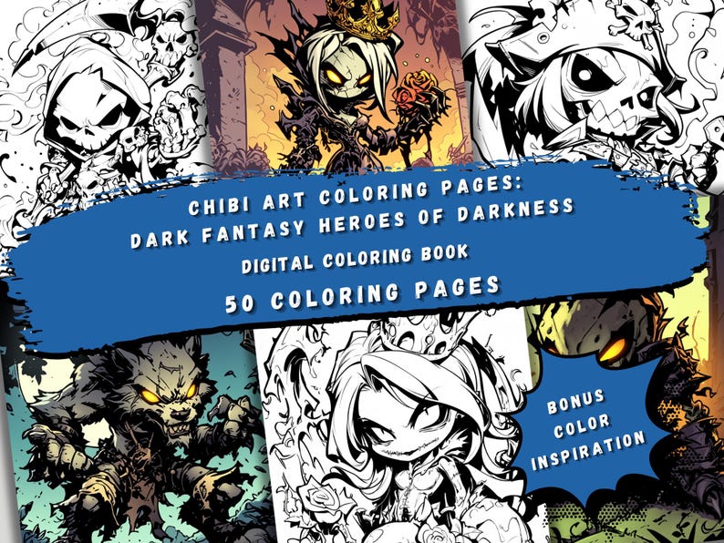 May include: A digital coloring book featuring 50 black and white illustrations of cute, dark fantasy characters. The cover shows a variety of characters, including a wolf, a skeleton, and a witch. The title of the book is "Chibi Art Coloring Pages: Dark Fantasy Heroes of Darkness".