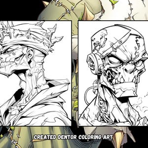 Peut inclure: Deux illustrations en noir et blanc de t&ecirc;tes de zombies stylis&eacute;es. L'une porte une couronne d'&eacute;pines, l'autre un casque en m&eacute;tal avec un respirateur. Le texte "CREATED DENTOR COLORING ART" est en bas.