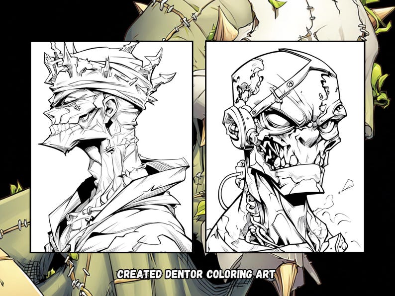 Peut inclure: Deux illustrations en noir et blanc de t&ecirc;tes de zombies stylis&eacute;es. L'une porte une couronne d'&eacute;pines, l'autre un casque en m&eacute;tal avec un respirateur. Le texte "CREATED DENTOR COLORING ART" est en bas.