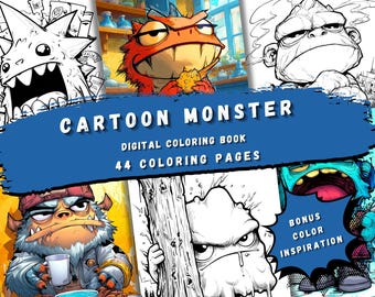 May include: A digital coloring book titled "Cartoon Monster" with 44 coloring pages. The image features colorful and black-and-white monster illustrations. A blue banner displays the title and page count.