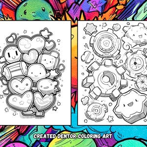 May include: Two black and white coloring pages with cartoon-style illustrations. One page features hearts and other shapes with faces. The other page shows gears and cloud-like shapes. The text "CREATED DENTOR COLORING ART" is at the bottom.