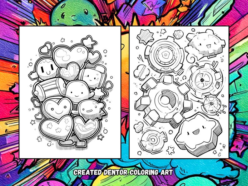 May include: Two black and white coloring pages with cartoon-style illustrations. One page features hearts and other shapes with faces. The other page shows gears and cloud-like shapes. The text "CREATED DENTOR COLORING ART" is at the bottom.