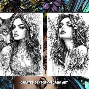 May include: Two black and white illustrations of women with floral crowns and intricate details. The woman on the left has a wolf beside her, while the woman on the right has wings. The text "CREATED DENTOR COLORING ART" is at the bottom of the image.