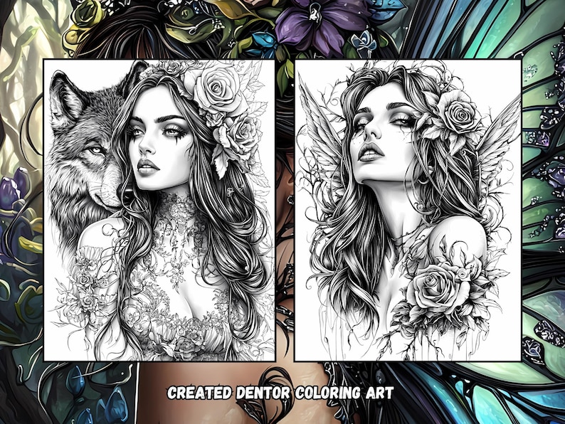 May include: Two black and white illustrations of women with floral crowns and intricate details. The woman on the left has a wolf beside her, while the woman on the right has wings. The text "CREATED DENTOR COLORING ART" is at the bottom of the image.