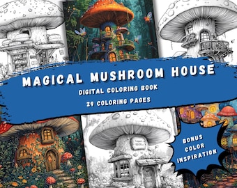Magical Mushroom House Coloring Book for All Ages | Black & White Designs | PDF