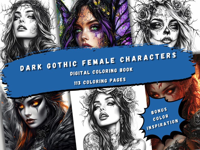 113 Dark Gothic Female Characters Coloring Pages | Vampires, Witches, Fairies & Demons image 1