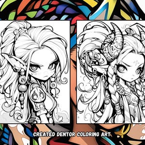 Puede incluir: Dos dibujos en blanco y negro de personajes femeninos con peinados y ropa elaborados. El personaje de la izquierda tiene orejas puntiagudas y lleva un collar y pulseras. El personaje de la derecha tiene cuernos y lleva un collar y pulseras. El texto "CREATED DENTOR COLORING ART" est&aacute; en la parte inferior de la imagen.